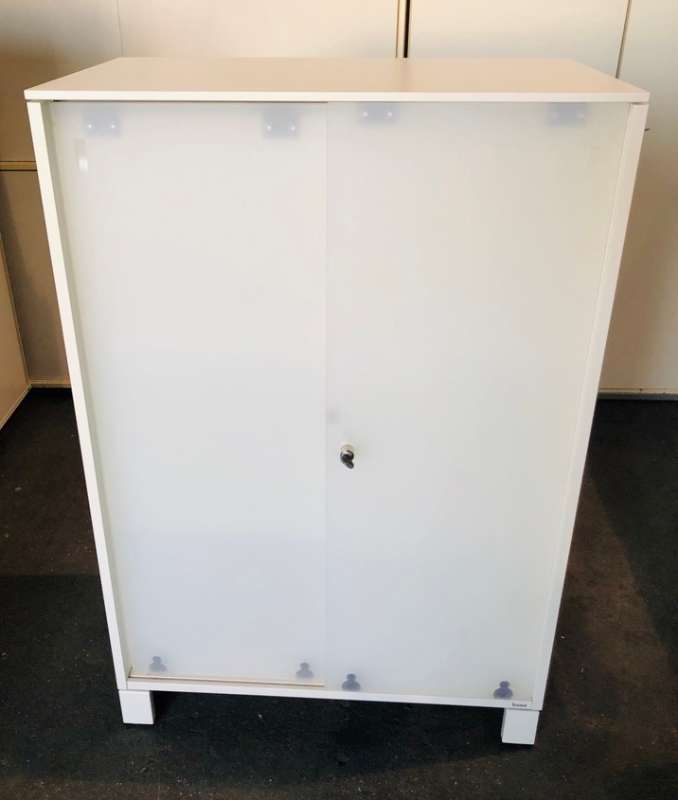 Bene Aktenschrank Weiß, 3 Ordnerhöhe, 80 cm Breit mit Milchglastüren