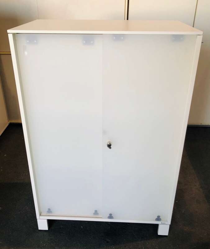 Bene Aktenschrank Weiß, 3 Ordnerhöhe, 80 cm Breit mit Milchglastüren